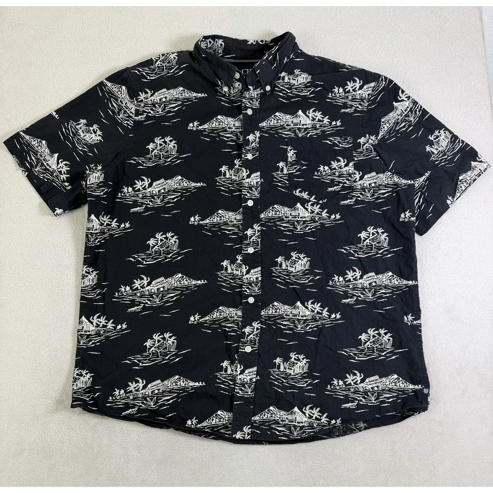 Chaps 100% Cotton Tropical Shirt Mens XL Black Island Print Hawaiian - Picture 10 of 16